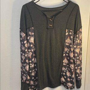 Women's Dark Gray Floral Sleeve Henley Top